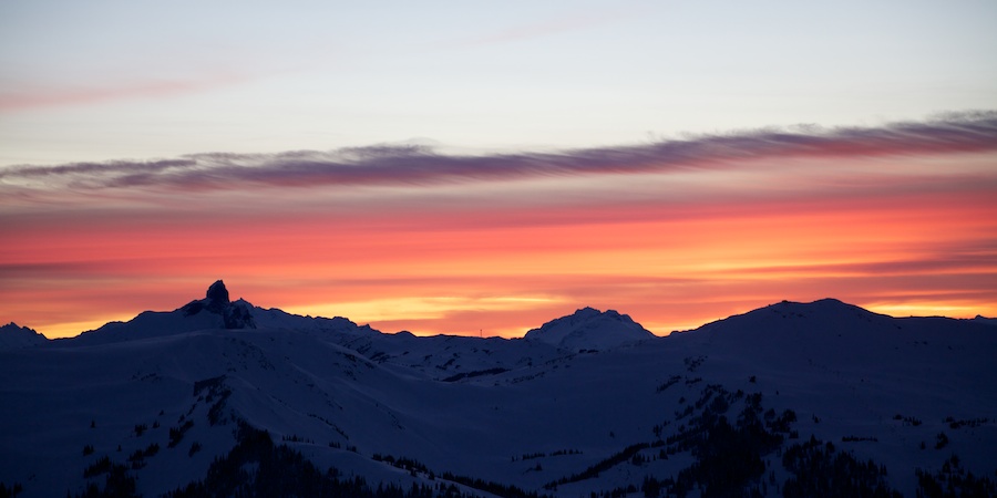 Sunset over Whistler, Black Tusk, and the Tantalus Range on the way back from Blackcomb backcountry. Whistler, BC.